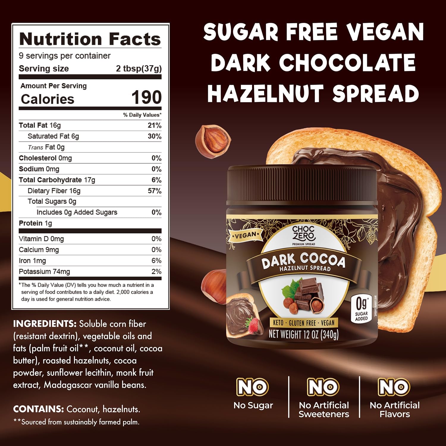 Vegan Cocoa Hazelnut Spread by  - Keto Friendly, Sugar Free Dessert and Keto Bread Topping - Low Carb Chocolate (1 Jar, 12 Oz)