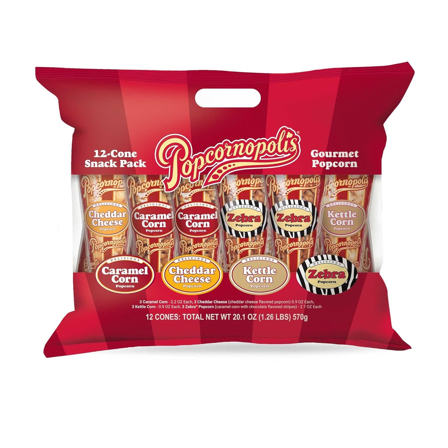 Gourmet Popcorn Snacks, 12 Cone Variety Snack Packs (Gift Cone), Zebra Popcorn, Cheddar Cheese Popcorn, Caramel Popcorn & Kettle Corn Popcorn