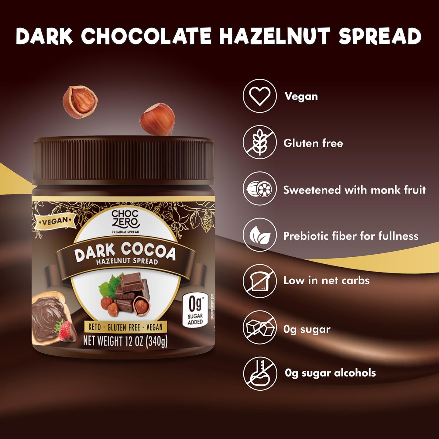 Vegan Cocoa Hazelnut Spread by  - Keto Friendly, Sugar Free Dessert and Keto Bread Topping - Low Carb Chocolate (1 Jar, 12 Oz)