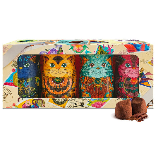 Cocoa Dusted Truffles Kit-Tins (4 X Mini Cat Tins Filled with Luxury Chocolate Truffles) - 4 Delicious Flavors - Choccy Scoffy, Flutter Scotch, Cocoa Nibs Night, Coconut Crush