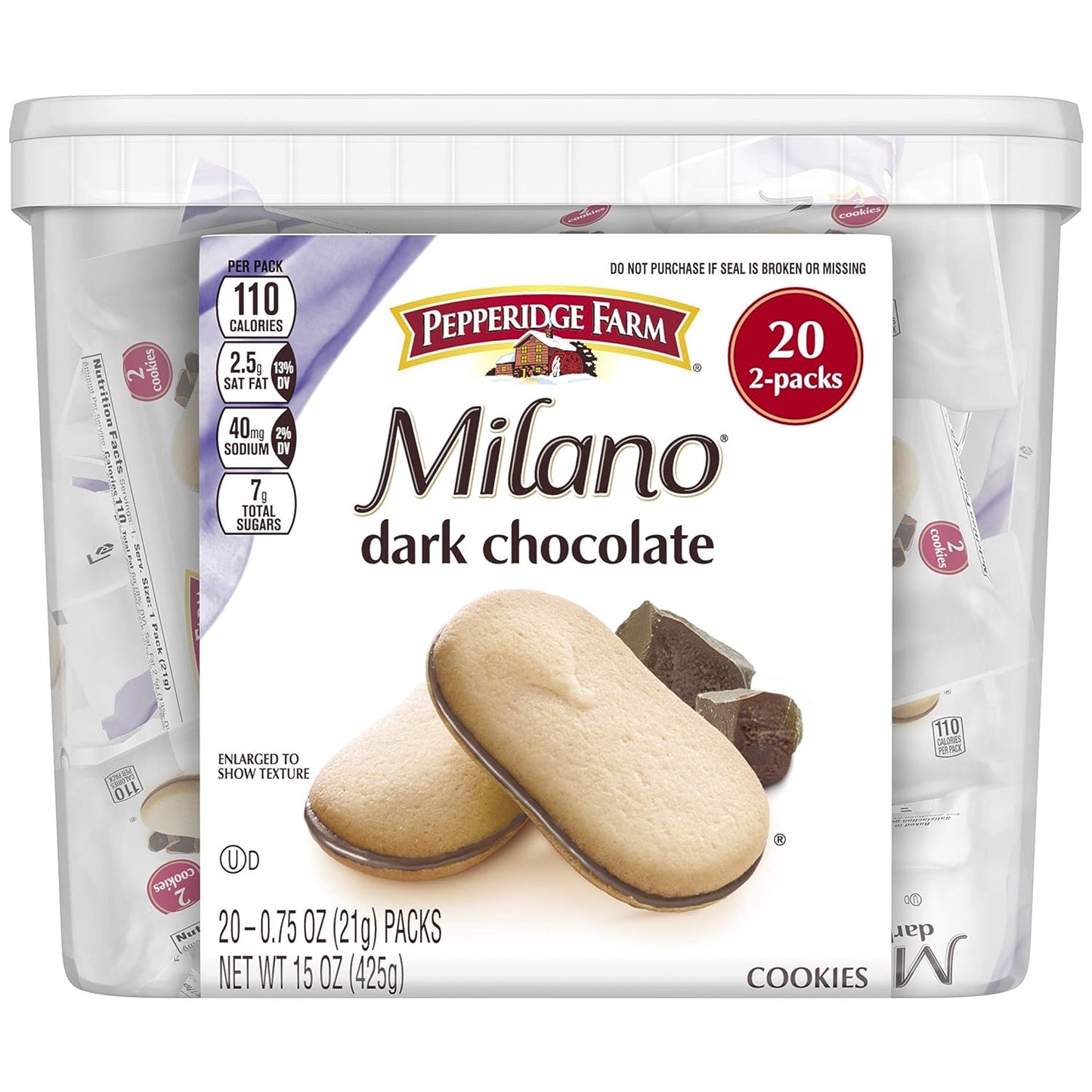 Milano Cookies, Dark Chocolate, 20 Packs Tub, 2 Cookies per Pack