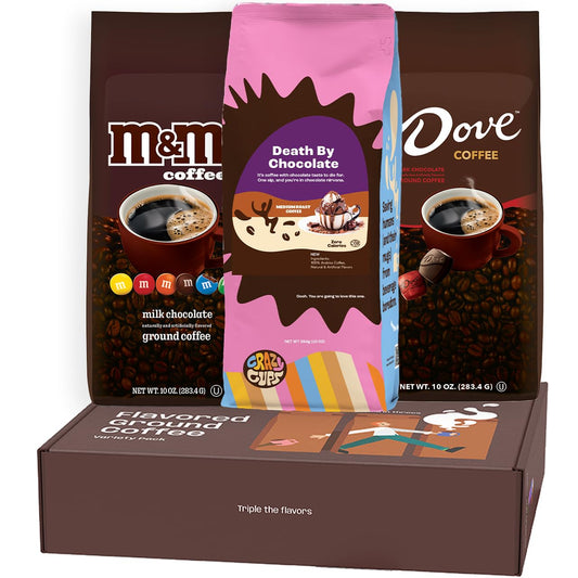 Flavored Ground Coffee Gift Box Variety Pack, M&M, Dove, Death by Chocolate Coffee Medium Roast Ground Coffee Sampler, 3 Pack