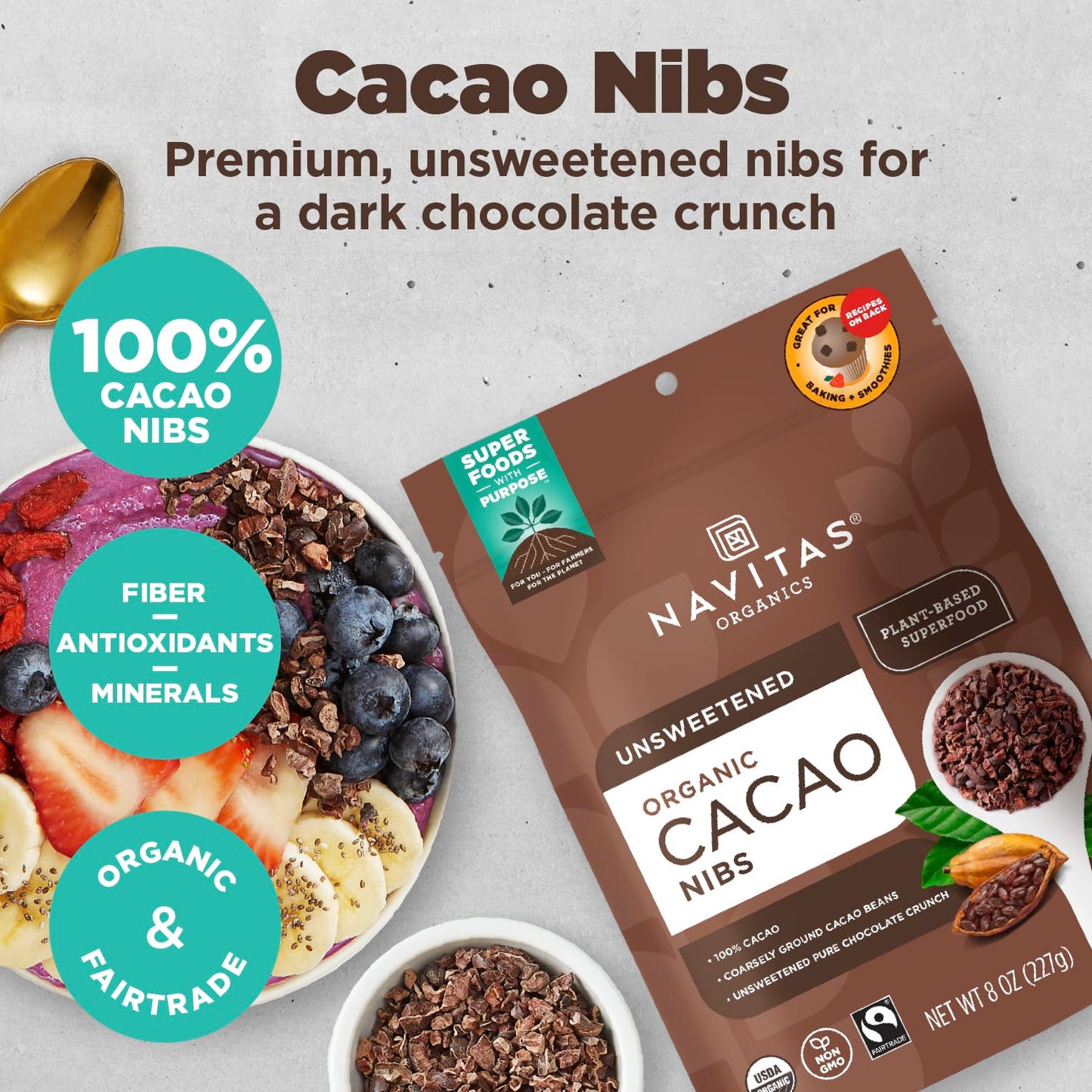 Raw Cacao Nibs, 16Oz. Bag, 15 Servings - Organic, Non-Gmo, Fair Trade, Gluten-Free