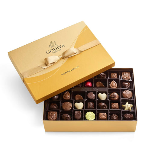 Gourmet Chocolate Gold Gift Box - 72-Piece Assortment with Ganaches, Nuts, Caramels, Pralines in Milk, White, Dark Chocolate Shells - Quality Assorted Chocolate Candy Box with Gold Ribbon