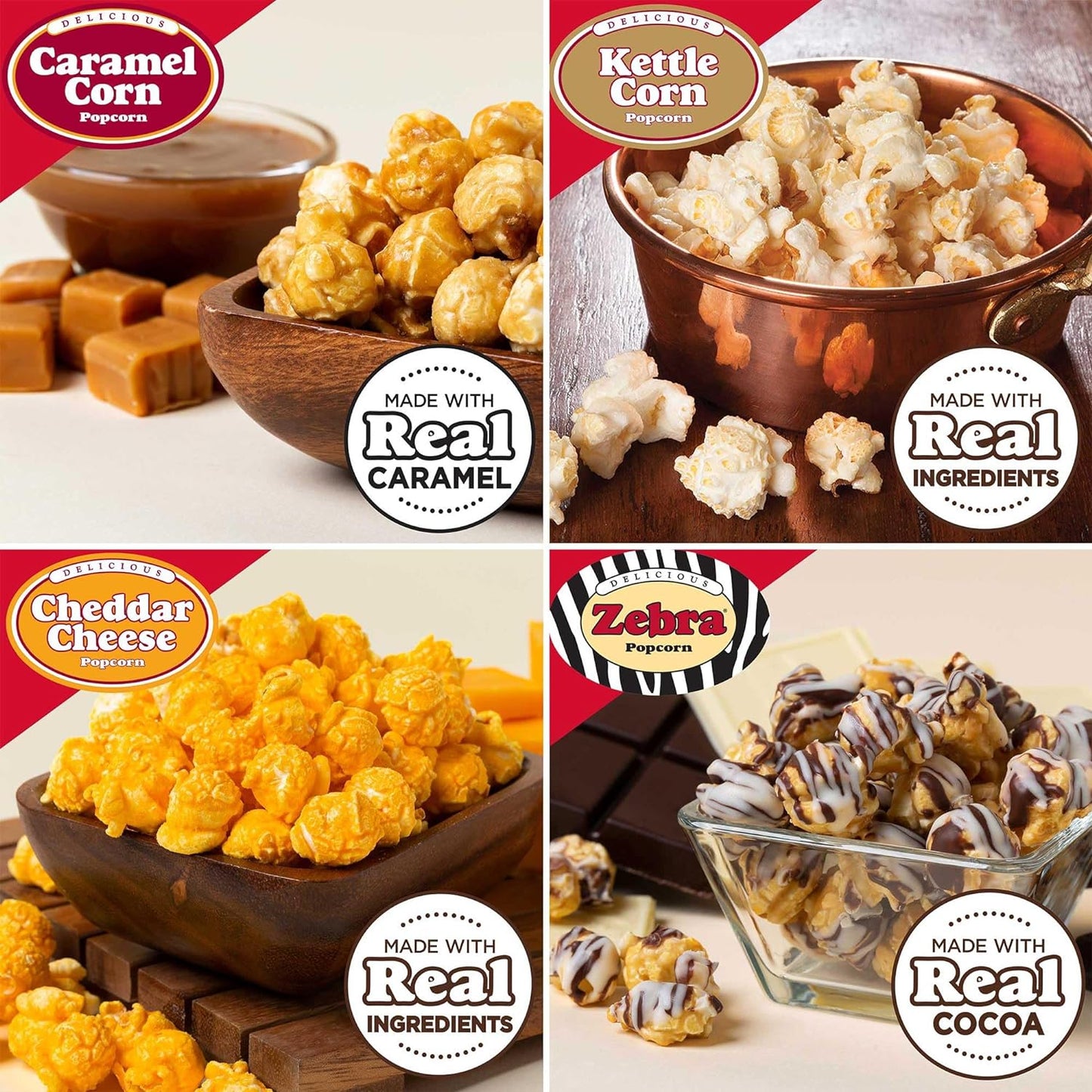 Gourmet Popcorn Snacks, 12 Cone Variety Snack Packs (Gift Cone), Zebra Popcorn, Cheddar Cheese Popcorn, Caramel Popcorn & Kettle Corn Popcorn