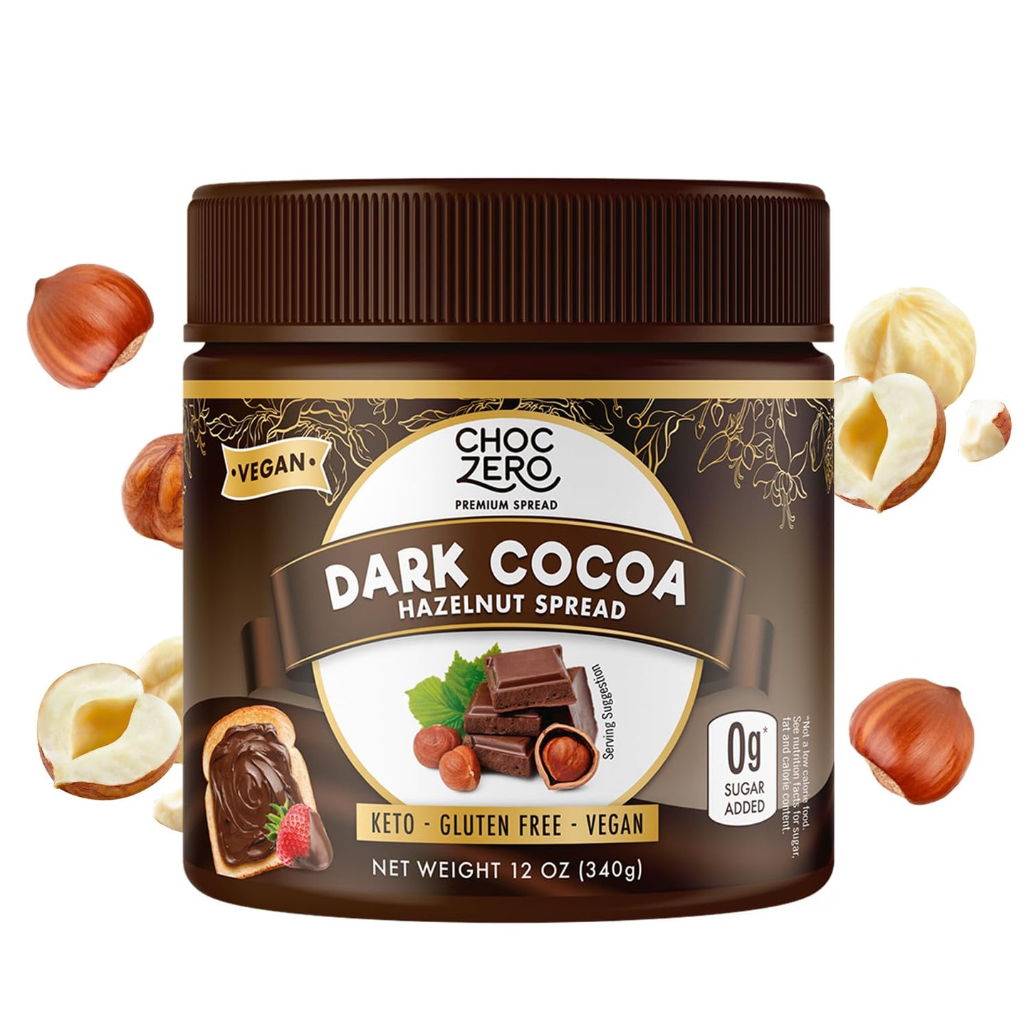 Vegan Cocoa Hazelnut Spread by  - Keto Friendly, Sugar Free Dessert and Keto Bread Topping - Low Carb Chocolate (1 Jar, 12 Oz)